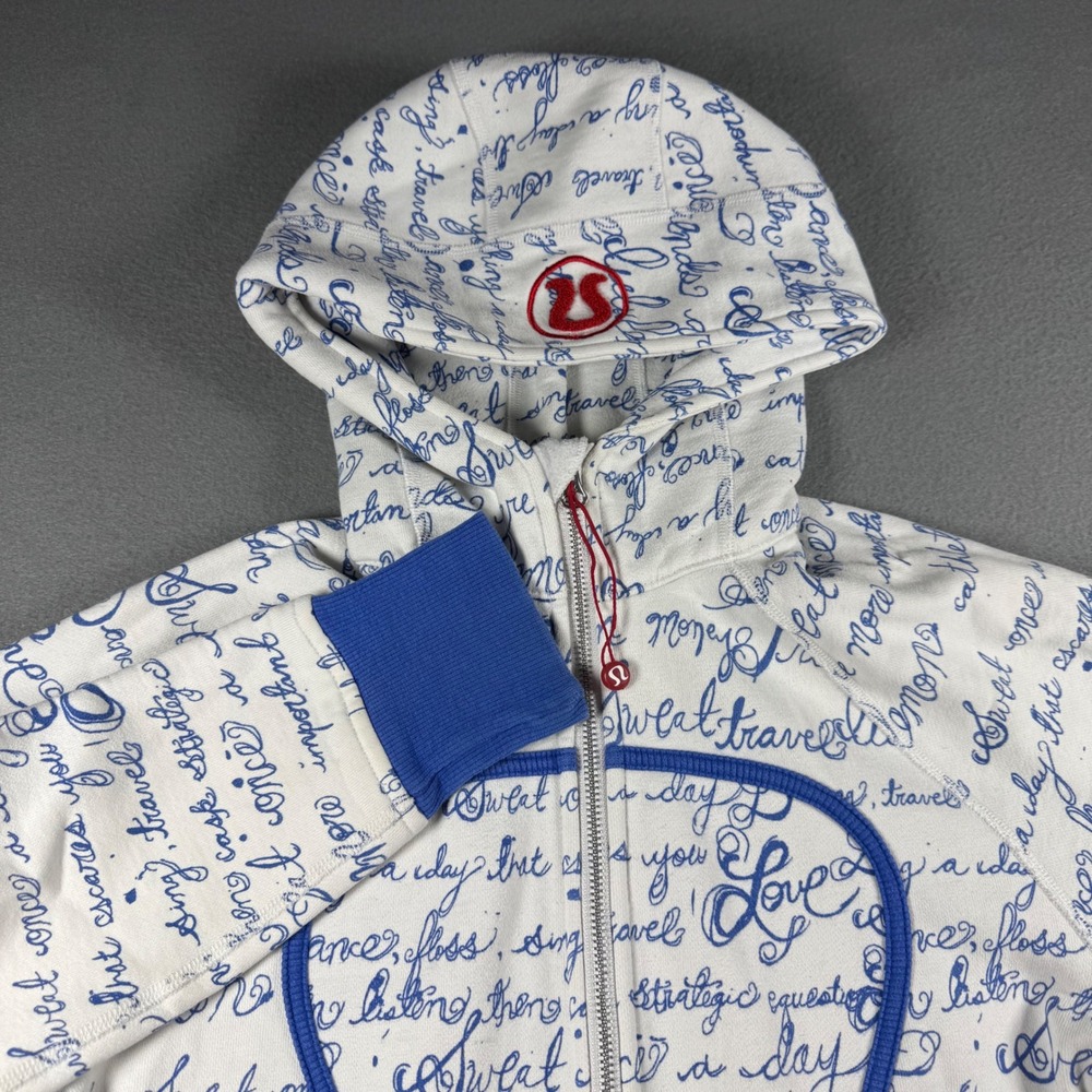 Lululemon Womens Scuba Full Zip Hoodie Size 8 Manifesto Script Print White Blue